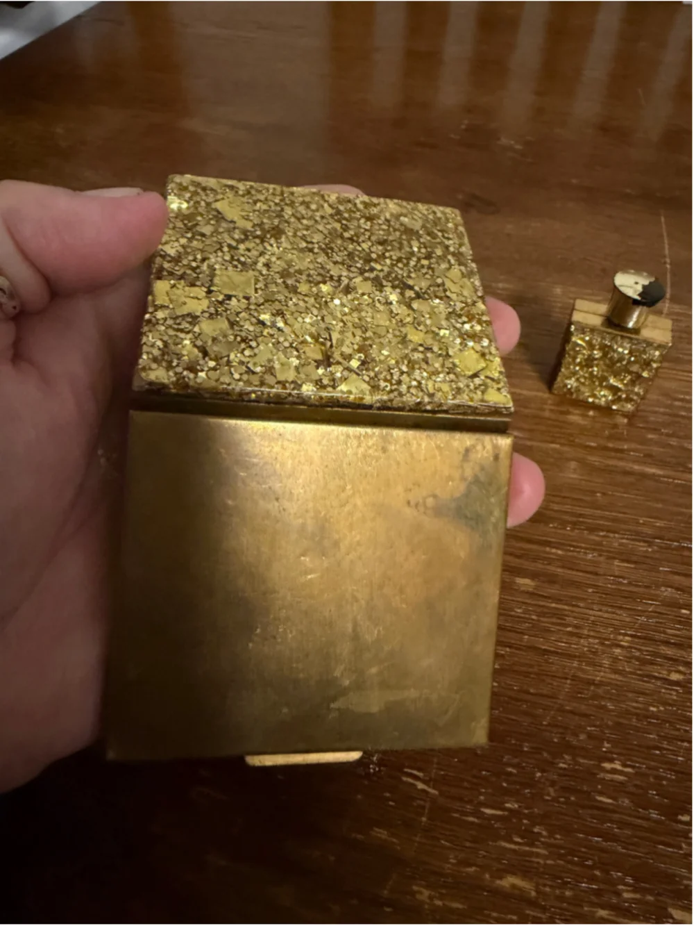 Vintage Gold Tone Vanity Set Powder Compact Mirror & Mini Perfume Bottle Glitter